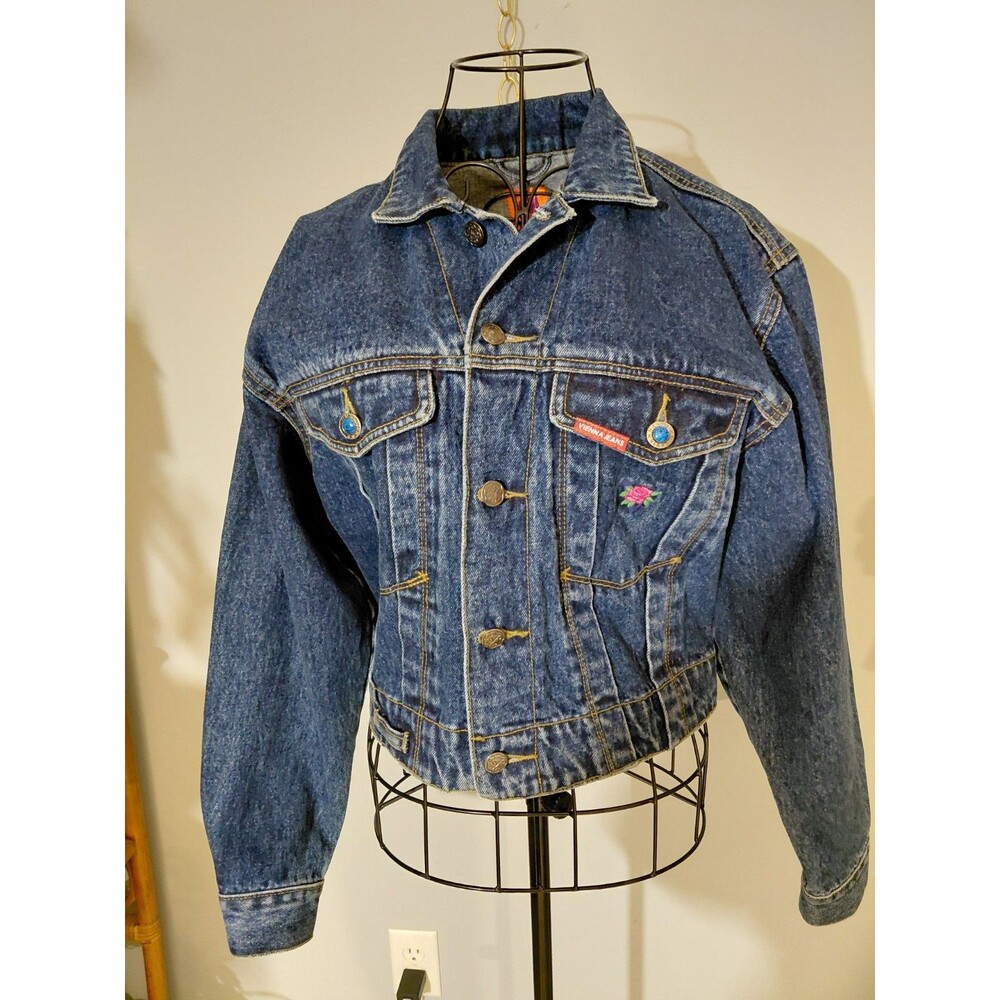 Vienna Jeans Denim Jacket Size 9/10 Rose Embroidery Blue Accent Buttons